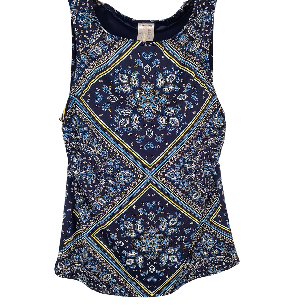 Lands End Womens SZ 10 Tankini Top Blue Paisley Geometric Coastal Preppy